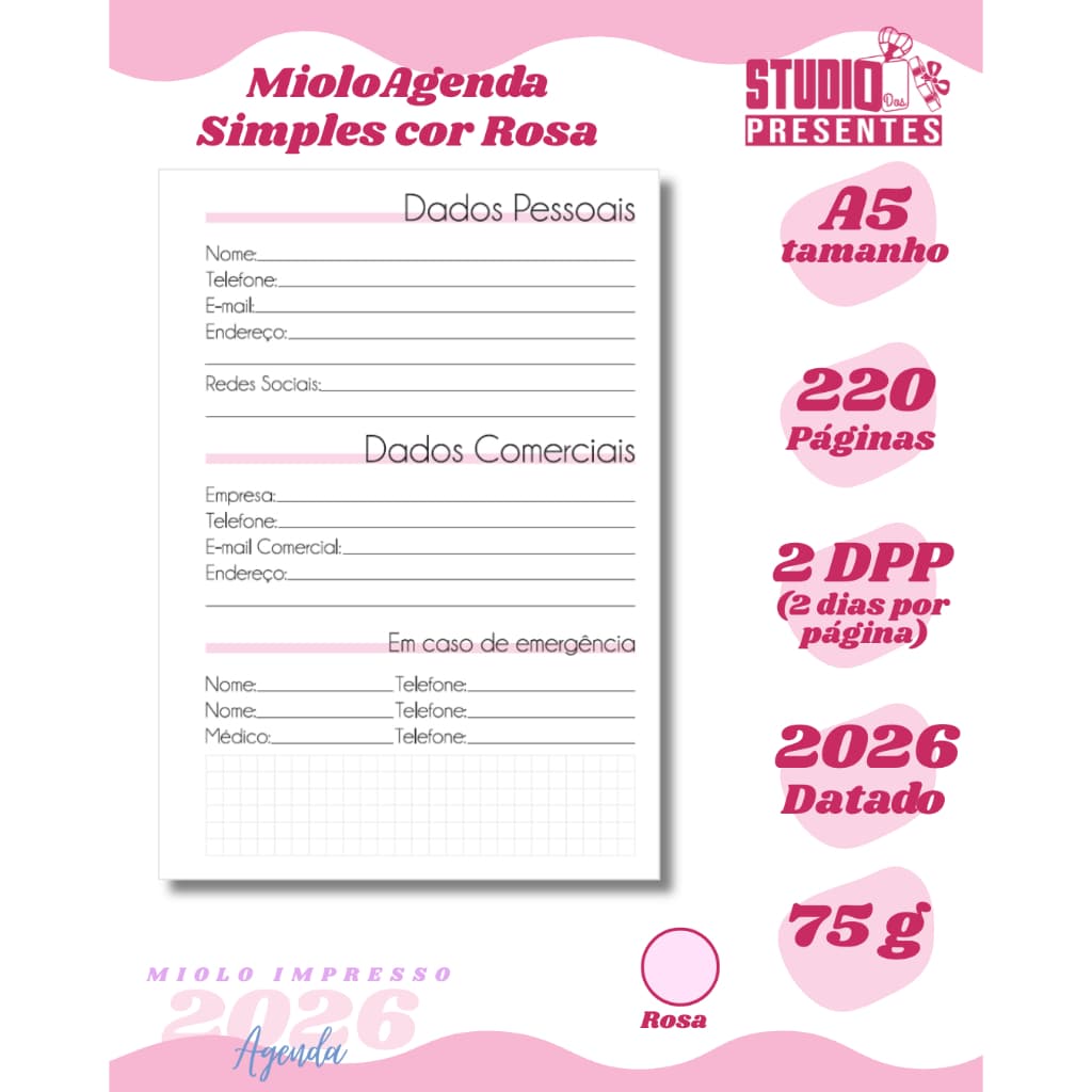 Miolo Agenda Rosa Simples 2dpp 2026 impressao pigmentada / com controle mensal /  impresso alta qualidade / 220 paginas