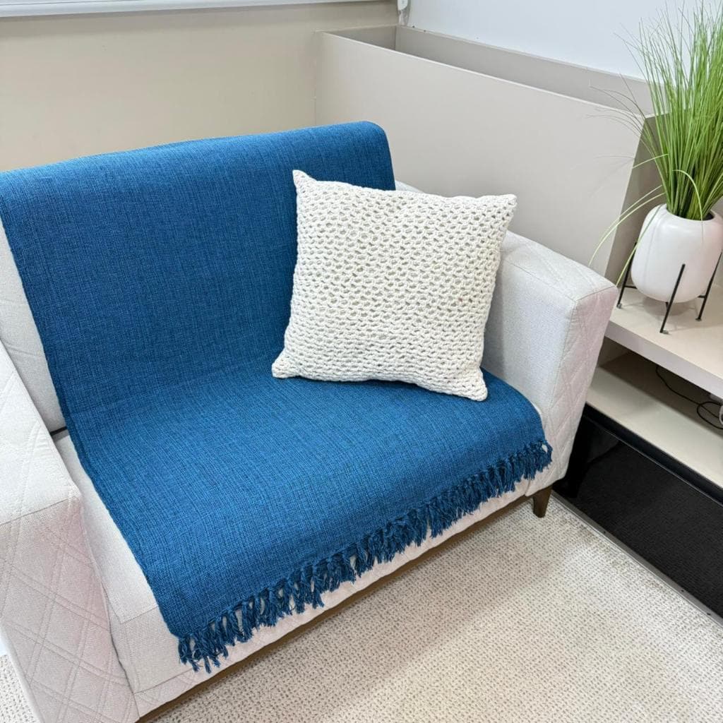 Manta para Sofá e Cama  Gigante 2,30x1,80m Algodão com Franjas Artesanais Manta Decorativa Azul Escuro