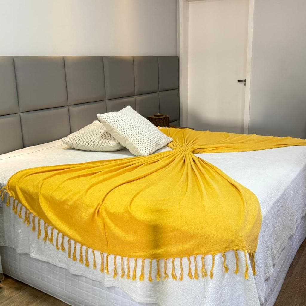 Manta para Sofá e Cama Gigante   2,30x1,80m Algodão com Franjas Artesanais Manta Decorativa Amarelo