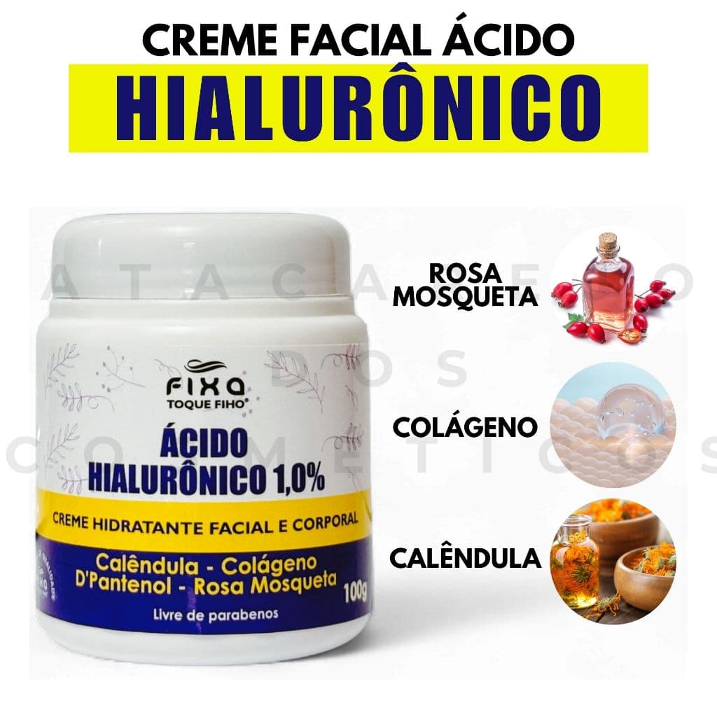 Hidratante Facial Ácido Hialurônico Rosa Mosqueta Colágeno Antirrugas Calêndula D´Pantenol