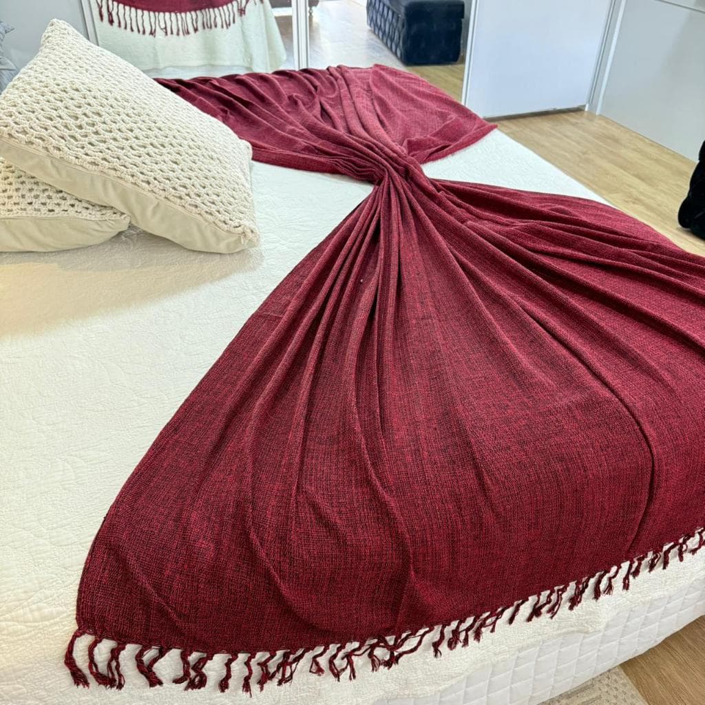 Manta para Sofá e Cama Gigante   2,30x1,80m Algodão com Franjas Artesanais Manta Decorativa Vermelho Escuro