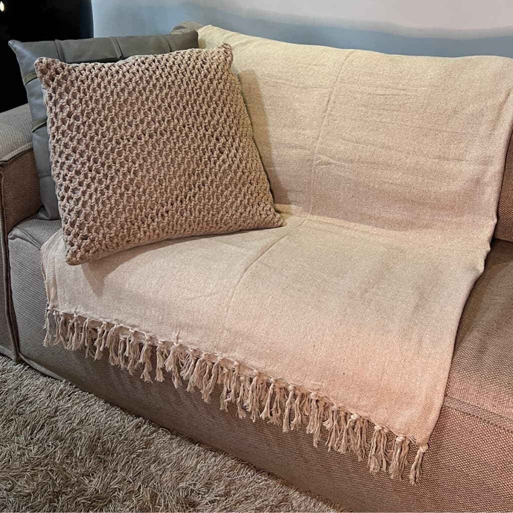 Manta para Sofá e Cama 2,30x1,80m Algodão com Franjas Artesanais Manta Decorativa Bege Escura