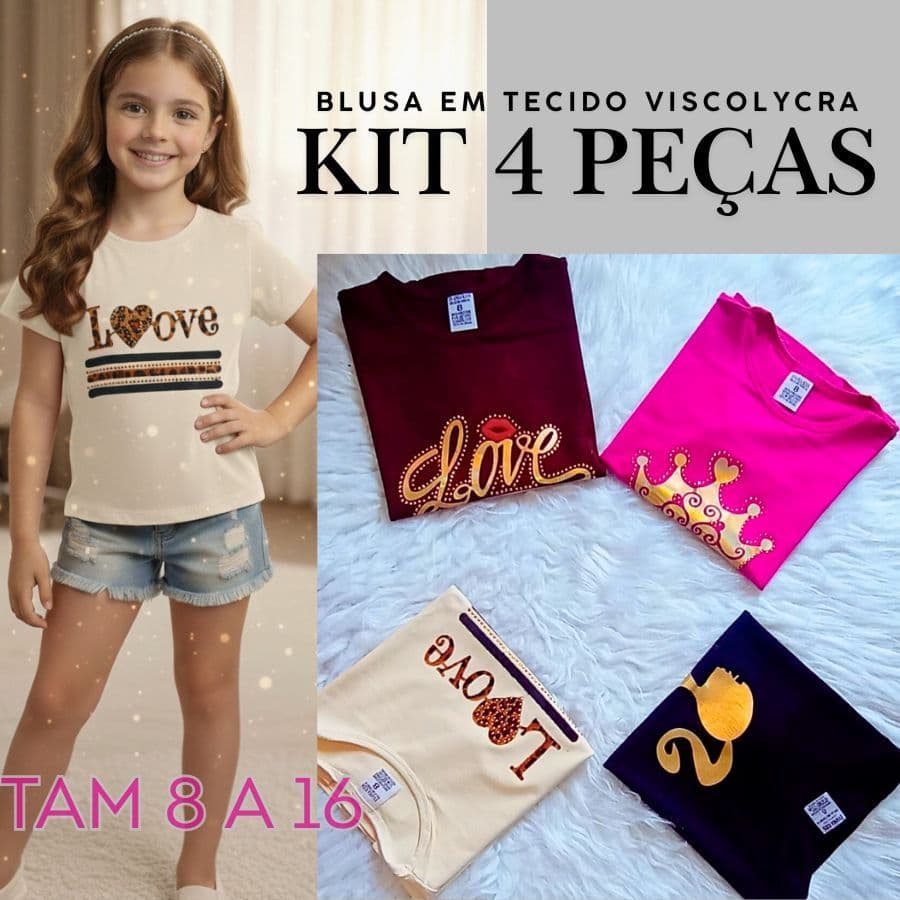 KIT 4 Blusas Infatil Tshirt  Meninas Casuais Figuras Infantis Estampado Tecido Viscolycra 8 a 16