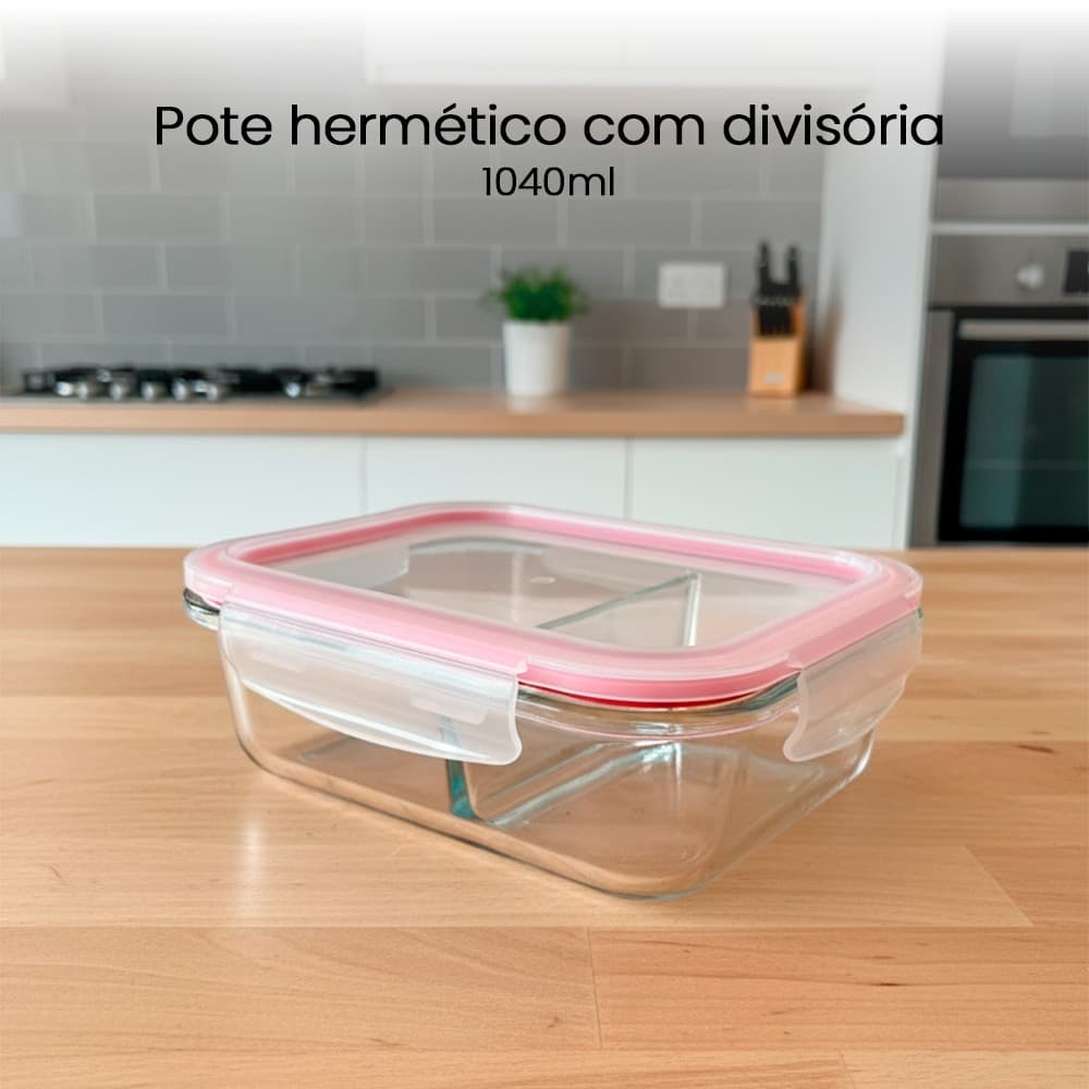 Pote Vidro 1040 ml Hermético Marmita Forno Refratário Divisória e Tampa
