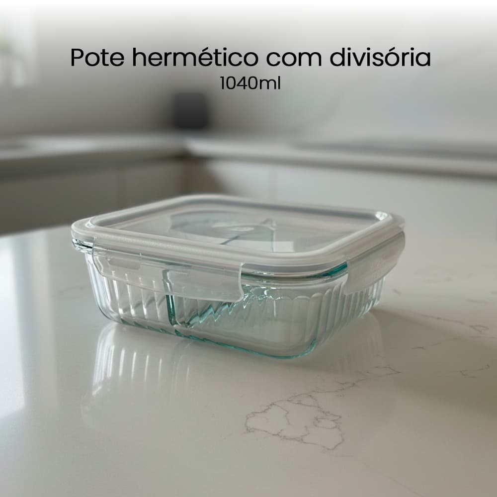 Pote Vidro 1040 ml Canelado Hermético Marmita Forno Refratário Divisória e Tampa