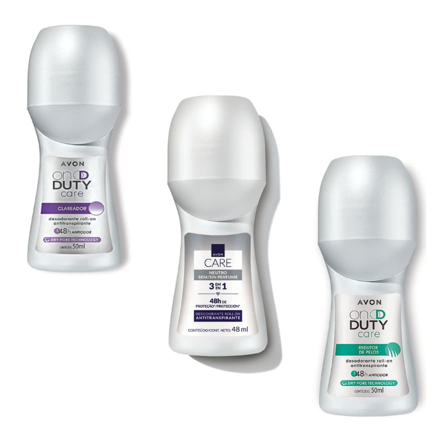 Desodorante Roll-On, 03 unidades, Clareador ou Redutor de Pelos, OnDuty Avon - 50ml