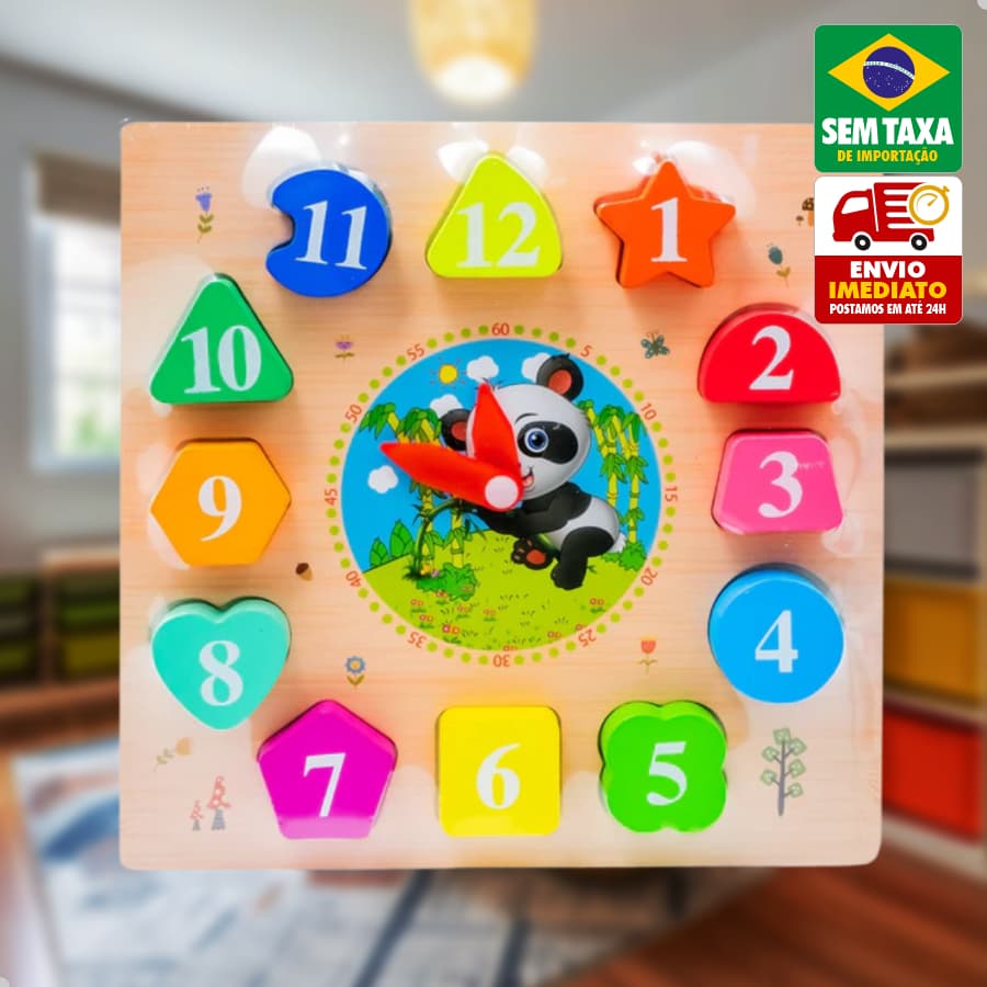 Brinquedo Educativo de Madeira Relógio Didático com Números e Formas Geométricas Infantil