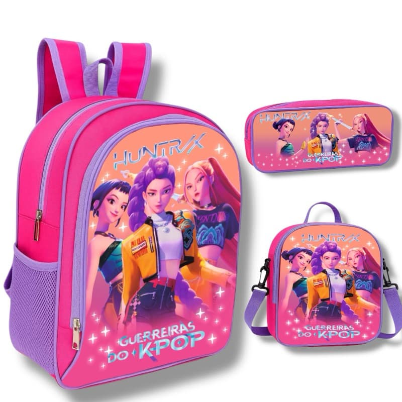 Kit Escolar Guerreiras do K-Pop mochila forro interno Lancheira Térmica + Estojo Menina Reforçado
