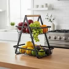 Fruteira de Mesa com 2 Andares Dupla Cesto de Frutas Aramado Metal Organizador Frutas