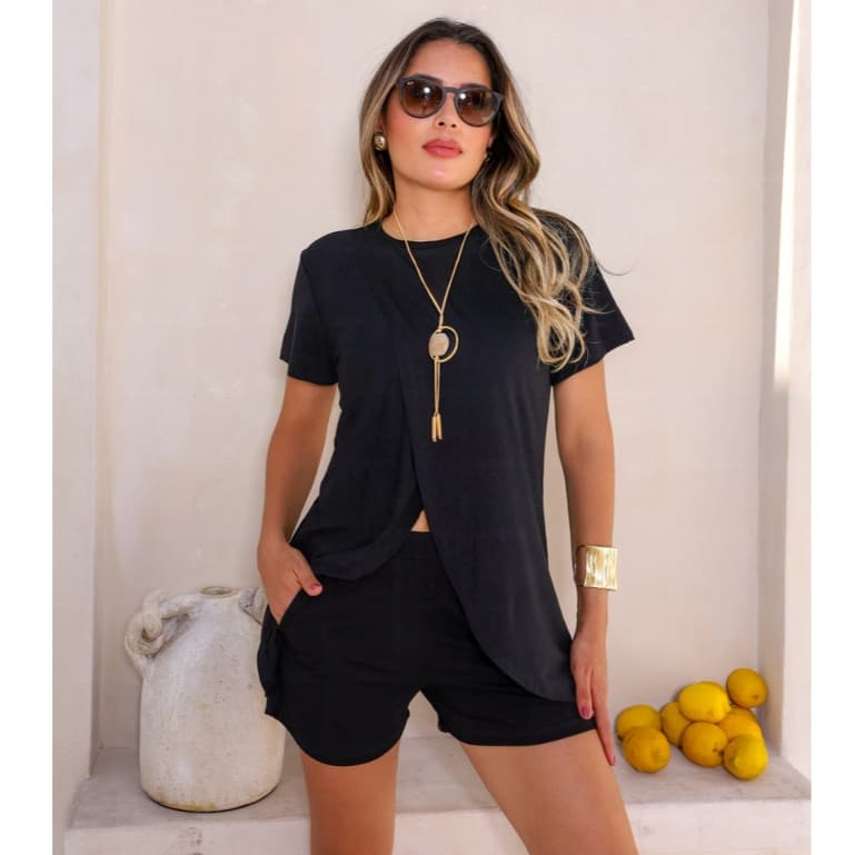 CONJUNTO FEMININO VERÃO BLUSA TRANSPASSADA/CRUZADA/ MULLET E SHORT EM VISCOLYCRA