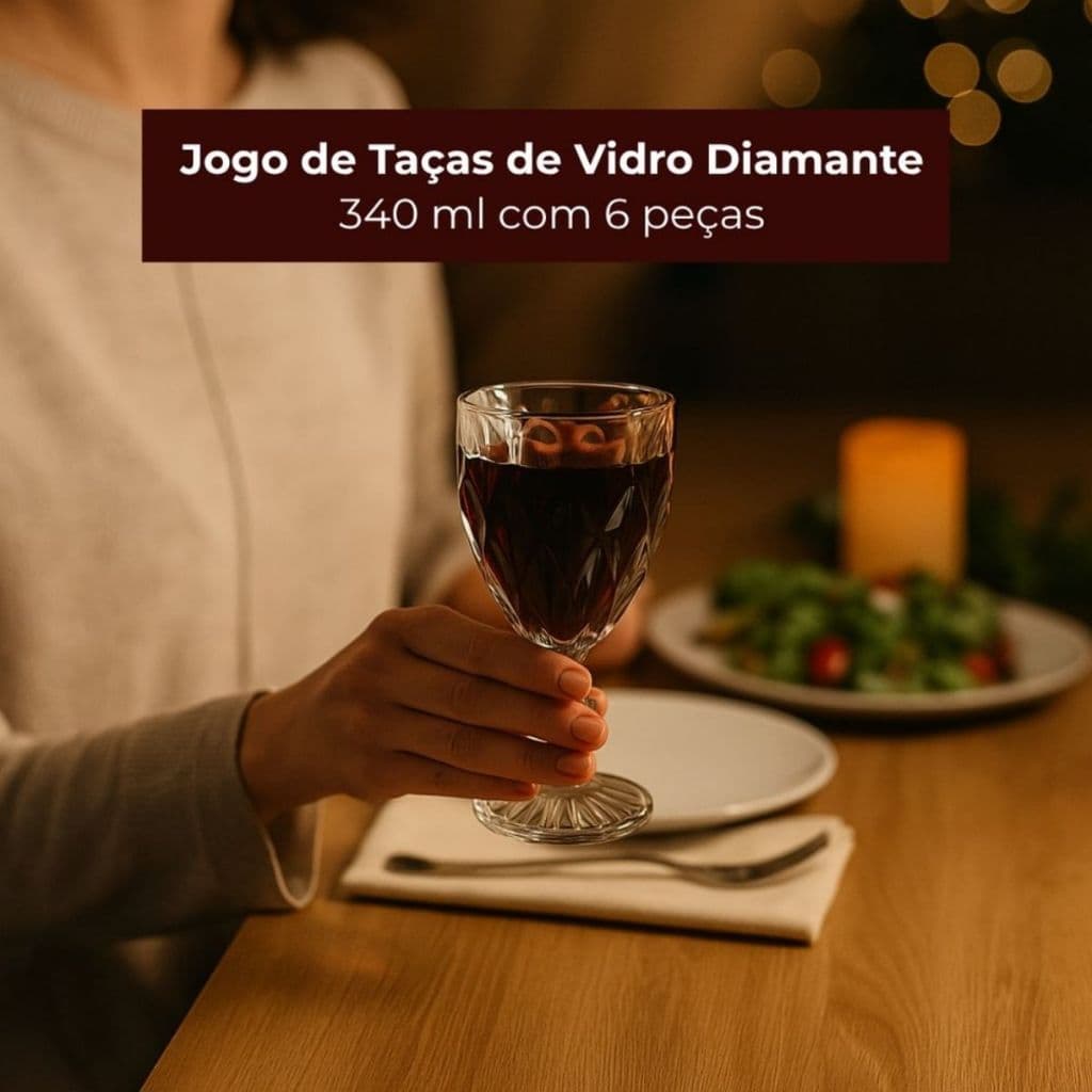 Jogo 6 Taças Diamante Copo Cristal Vidro Transparente 340ml Elegante Resistente