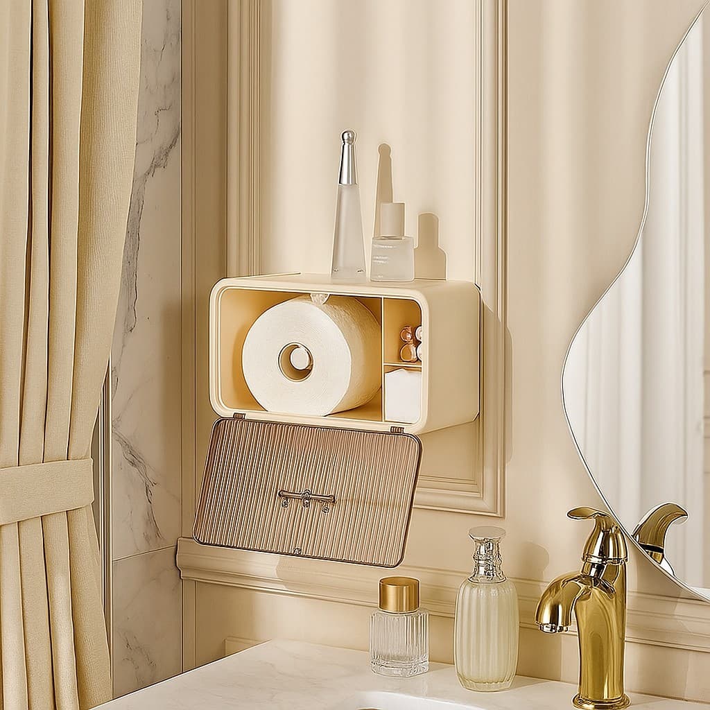 Porta Papel Higiênico com Organizador de Banheiro – Fixação na Parede | Design Elegante Creme