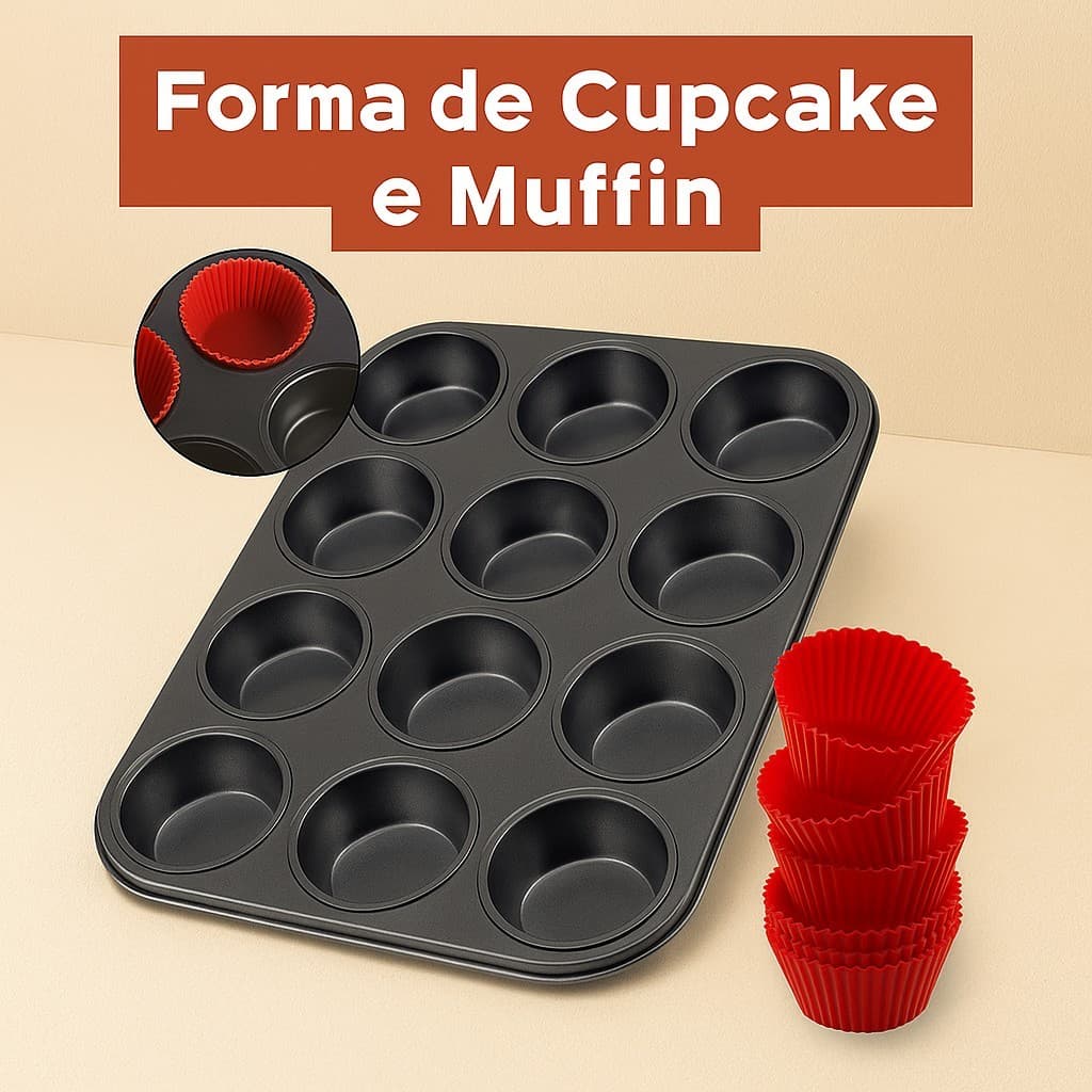 Forma de Silicone 12 Cavidades Antiaderente – Para Cupcake, Muffin e Mini Bolos | Fácil de Limpar