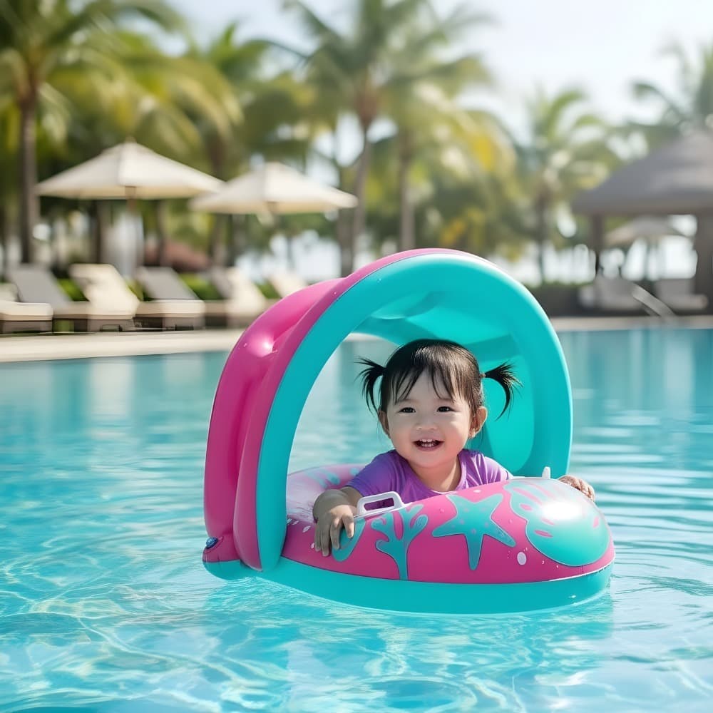 KIT Bomba de ar + Boia Bote Inflável Infantil Rosa e Azul Para Crianças de 6 a 18 Meses com Cobertura Contra o Sol