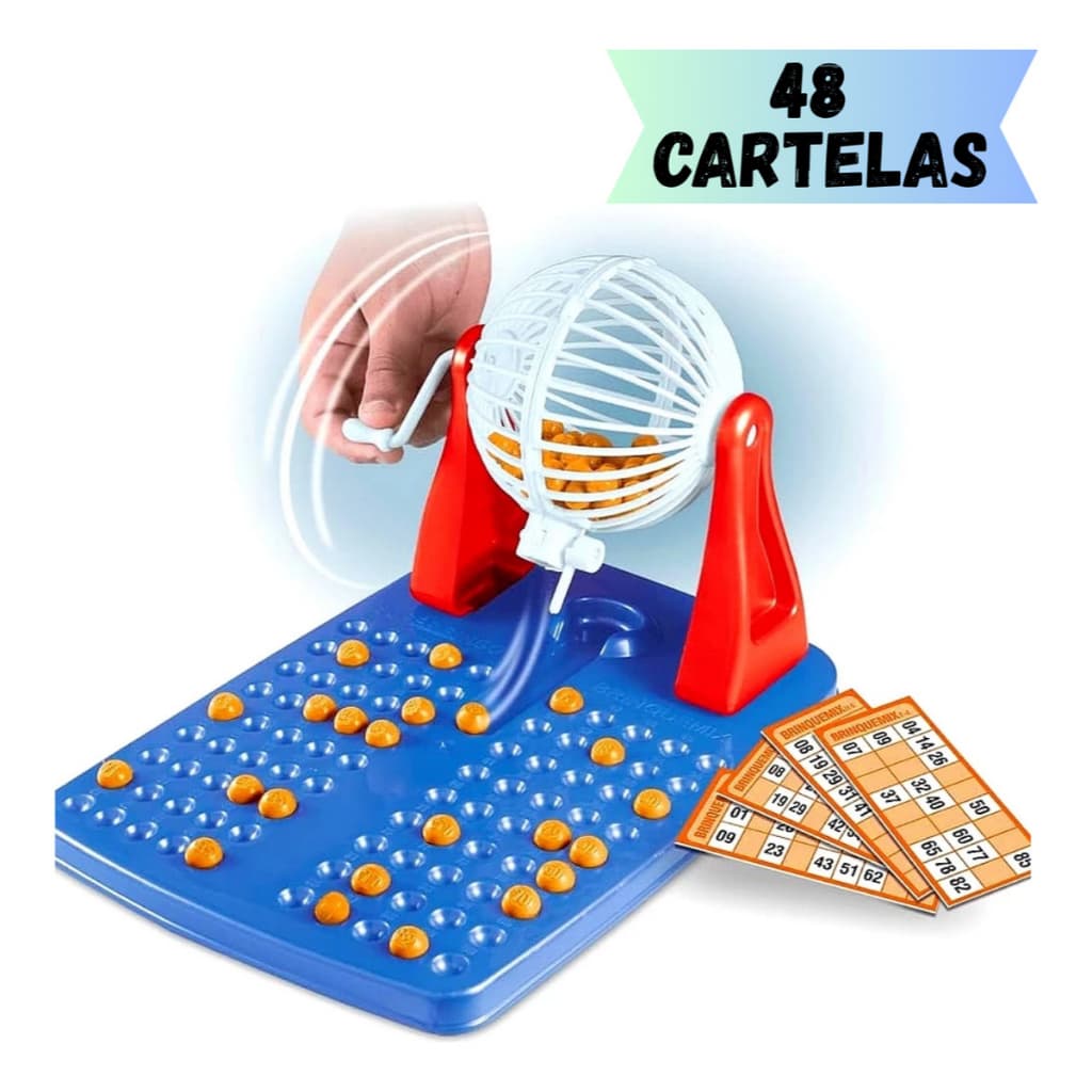 Jogo de Bingo Brinquedo Infantil 48 Cartelas 90 Bolinhas com Globo Giratório Para Festa Brincadeira