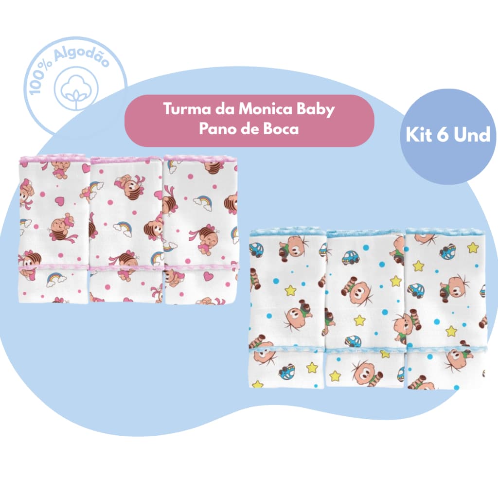 Kit 6 Panos de Boca Turma da Mônica Baby Cebolinha Babete Suave e Macio
