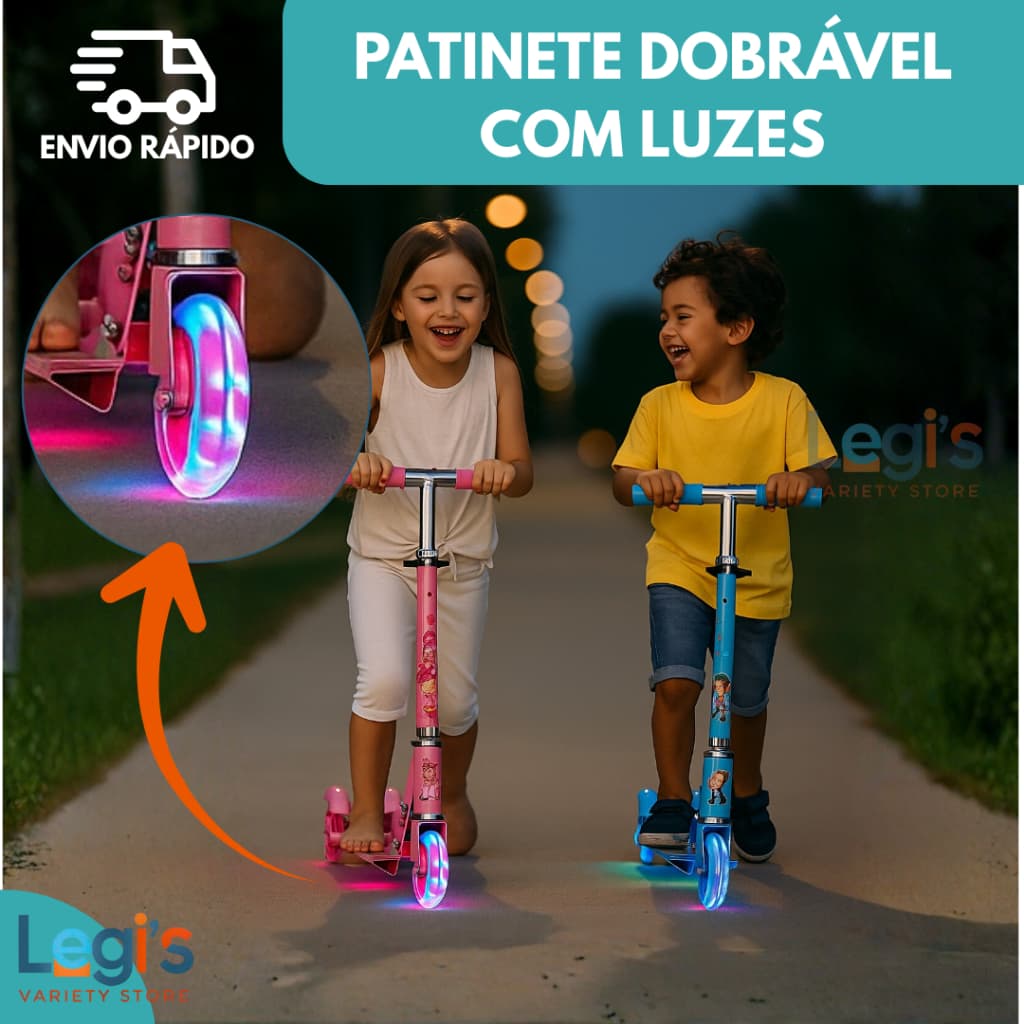 Patinete Infantil Dobrável 3 Rodas – LED Luminoso, Altura Ajustável e Estrutura Resistente até 50kg