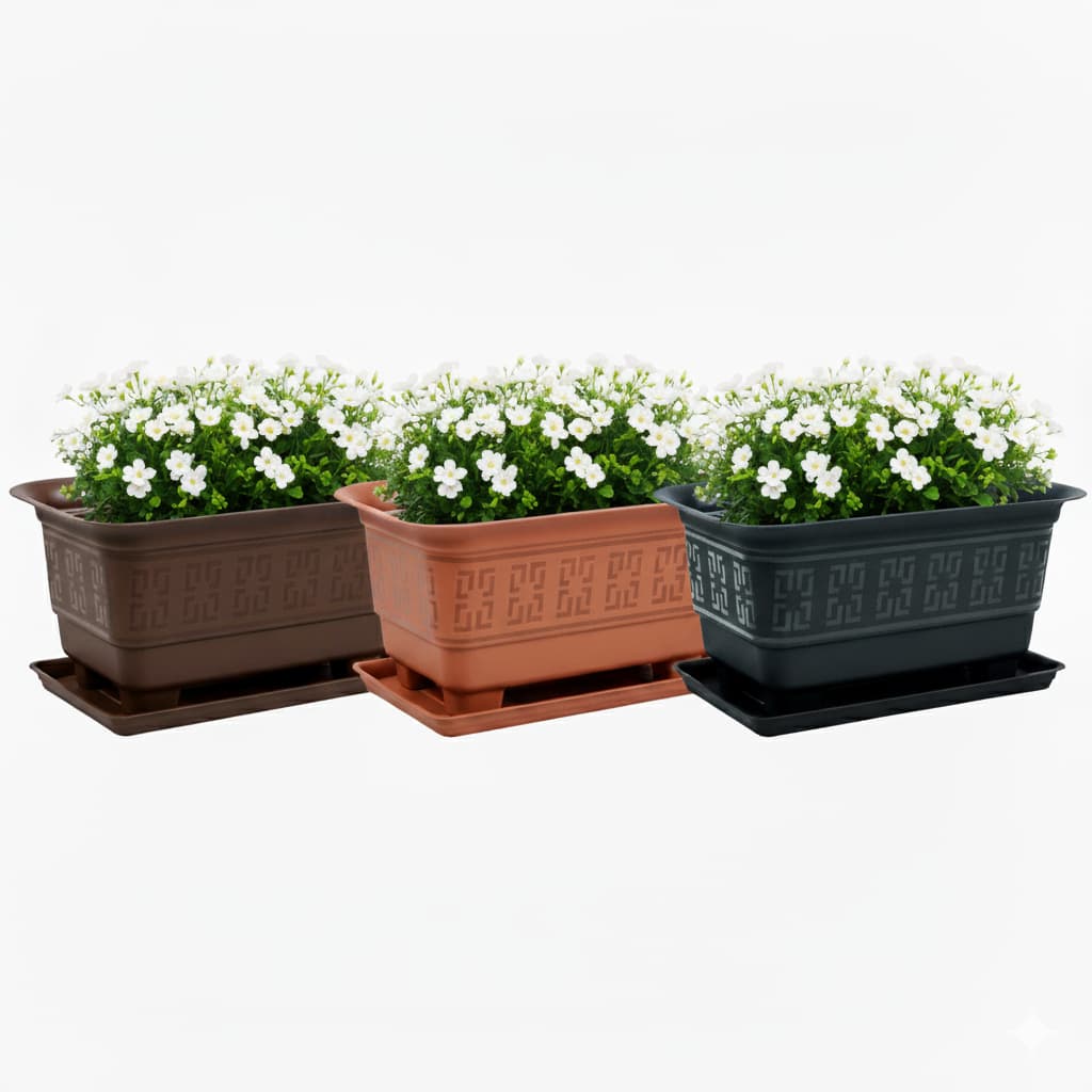 Kit 3 Vasos Retangular Floreira Mini Com Prato 3,5 Litros Plástico Reforçado