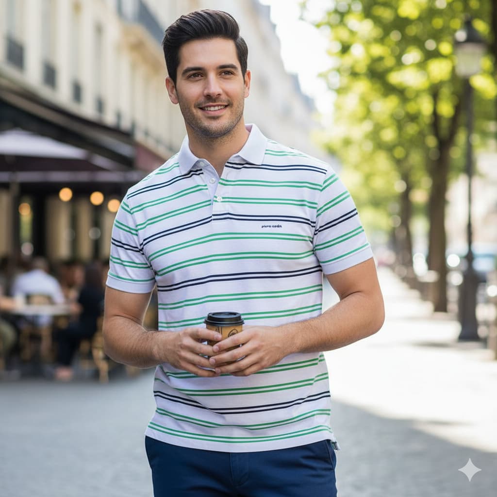 camisa polo original pierre cardin, camisa polo listrada com azul e verde, camisa pierre cardin (bazar, brechó,desapego)