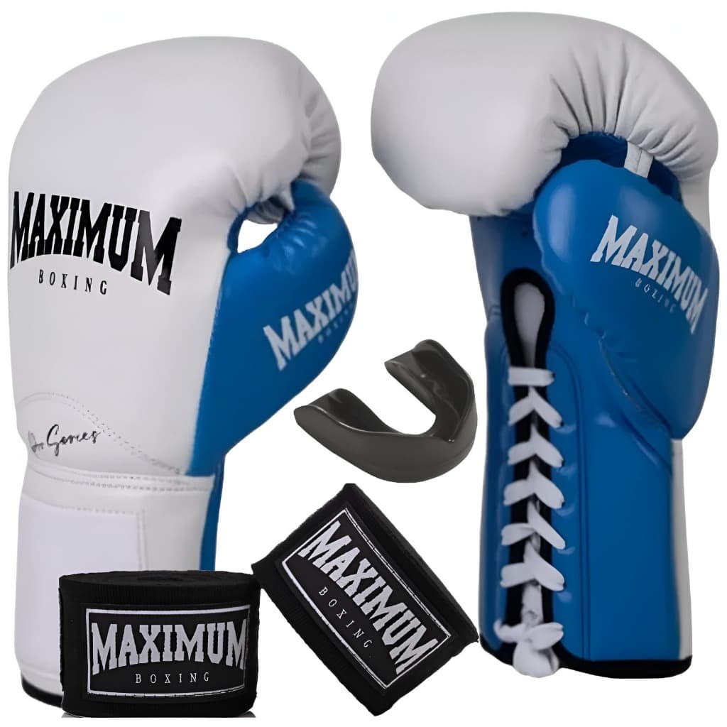 KIT LUVA DE BOXE PROFISSIONAL BRANCO/AZUL + BANDAGEM  + BUCAL - MAXIMUM PRO SERIES