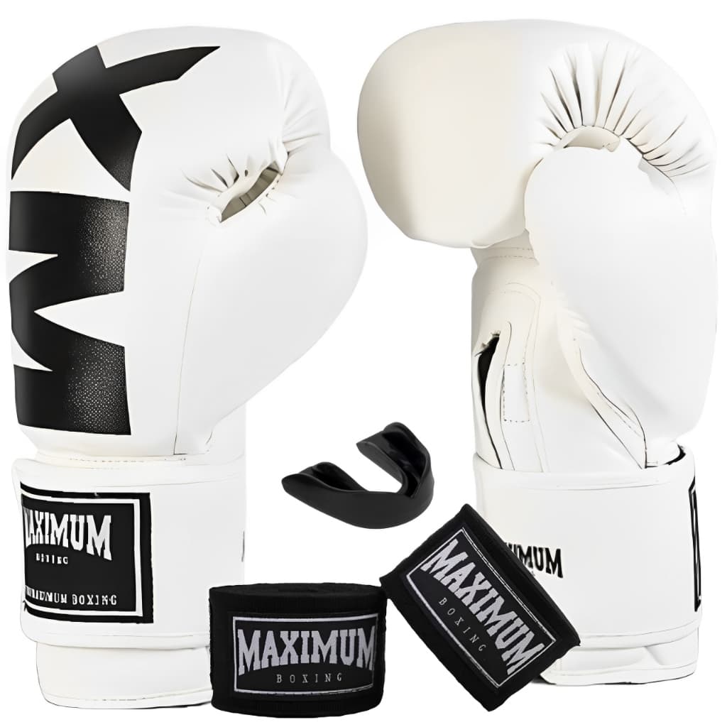 LUVA DE MUAY THAI BOXE KICKBOXING MXM BRANCA + BANDAGEM 3M + PROTETOR BUCAL - MAXIMUM