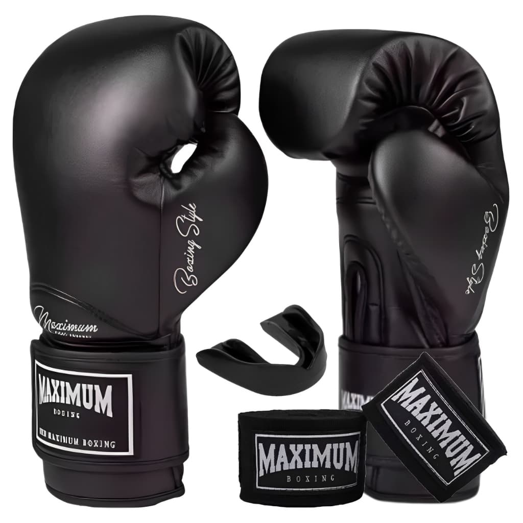 LUVA DE MUAY THAI BOXE KICKBOXING CLASSIC BLACK + BANDAGEM 3M + PROTETOR BUCAL - MAXIMUM