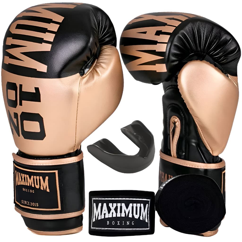 KIT LUVA MUAY THAI BOXE KICKBOXING TRAINNING DOURADA/PRETA + BANDAGEM + PROTETOR BUCAL  - MAXIMUM