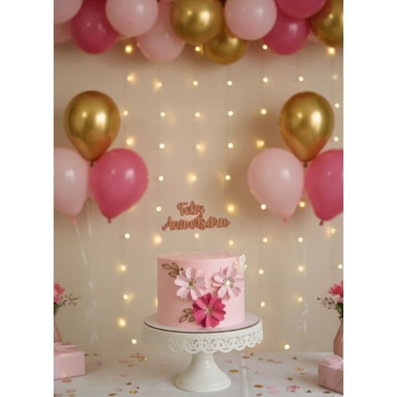 Topo de bolo Feliz Aniversário com flores - ENVIO RÁPIDO