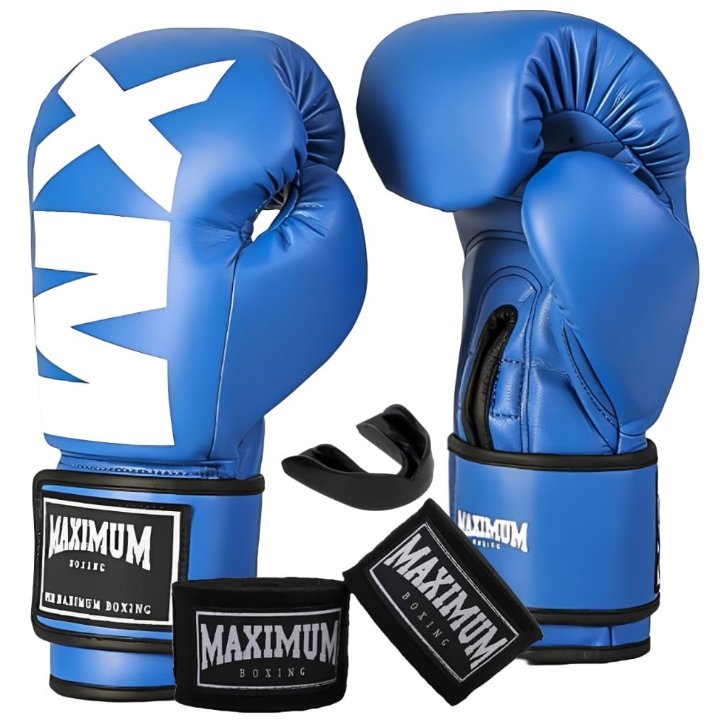 LUVA DE MUAY THAI BOXE KICKBOXING MXM AZUL + BANDAGEM 3M + PROTETOR BUCAL - MAXIMUM