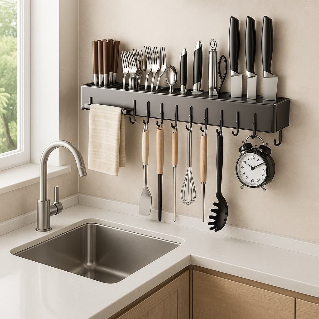 Suporte Organizador Cozinha Utensilios 10 Ganchos Conjunto Cinza Pratico Funcional