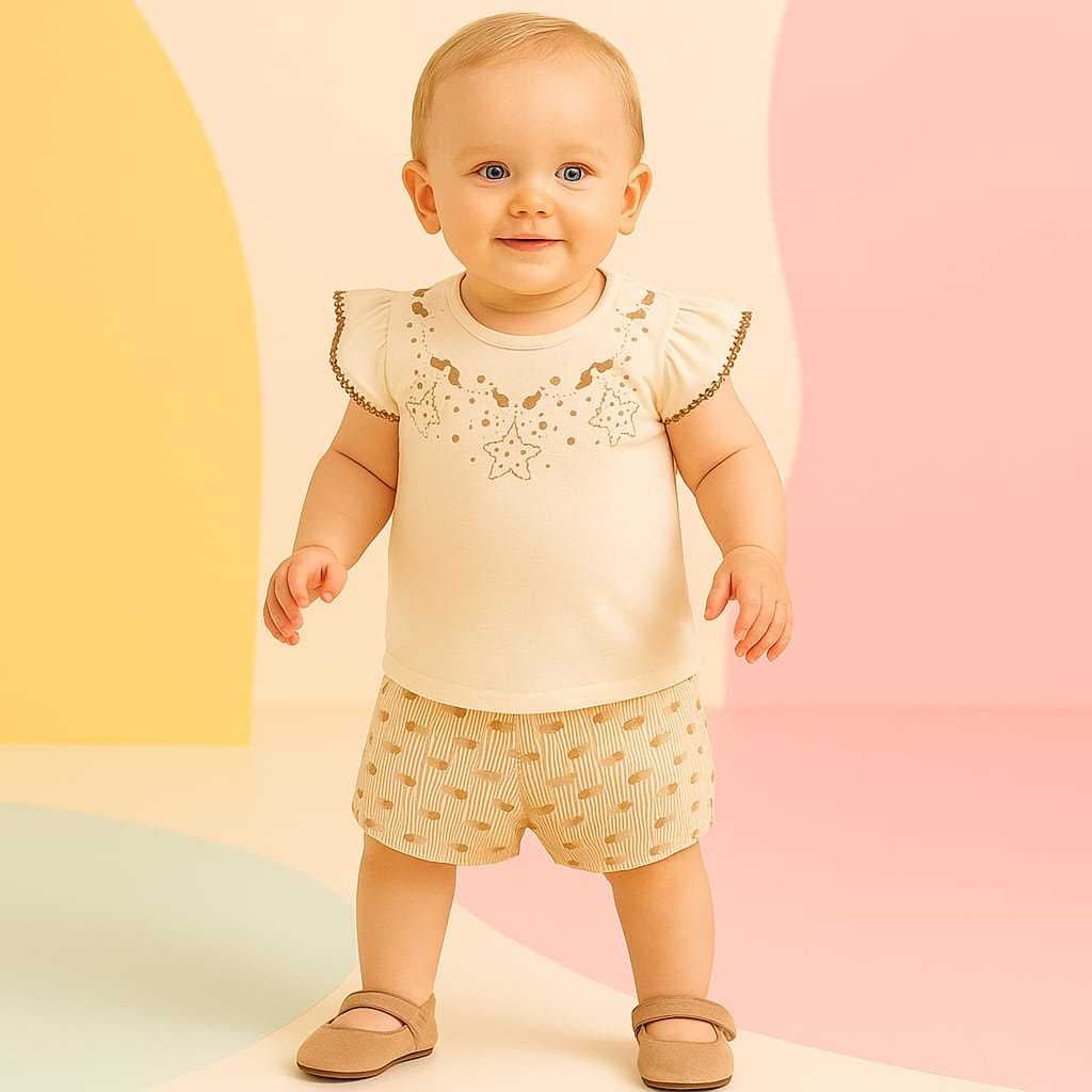 Conjunto Milon Bebê Menina Roupa Infantil Feminina Verão Blusa Bordada Short Estampado