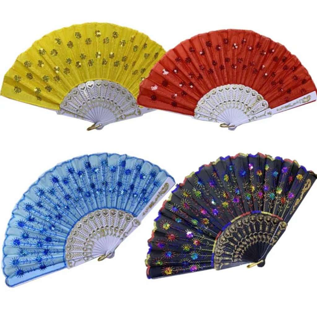 Leque Dobrável Paetê Luxo com Decoração Brilho para Abanar