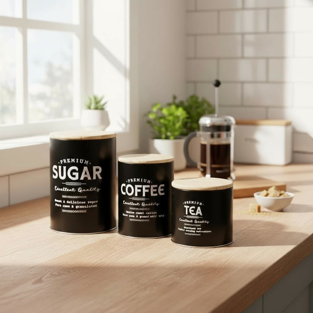 Kit 3 Potes Lata Pote Cozinha Rústico Ferro Preto Açúcar Café Chá Moderna Armazenamento Hermético
