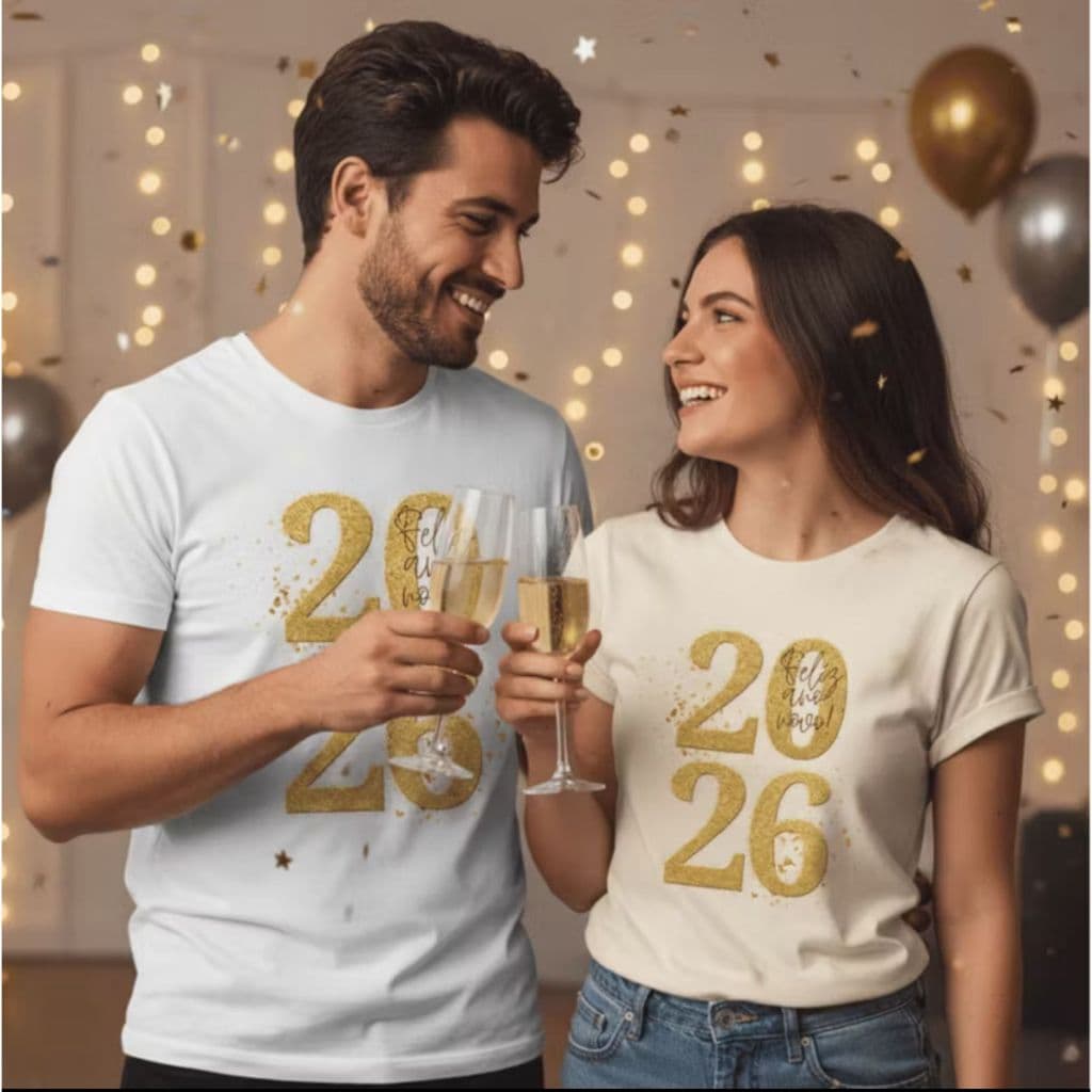 Kit Camisetas De Casal Para Virada Do Ano Ano Novo 2026 Branca Básica
