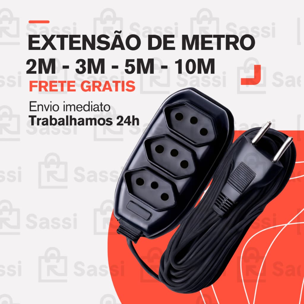 Extensão Elétrica Tripolar Bivolt 110/220 2, 3, 5 ou 10 Metros Cor Preta Qualidade interno e externo