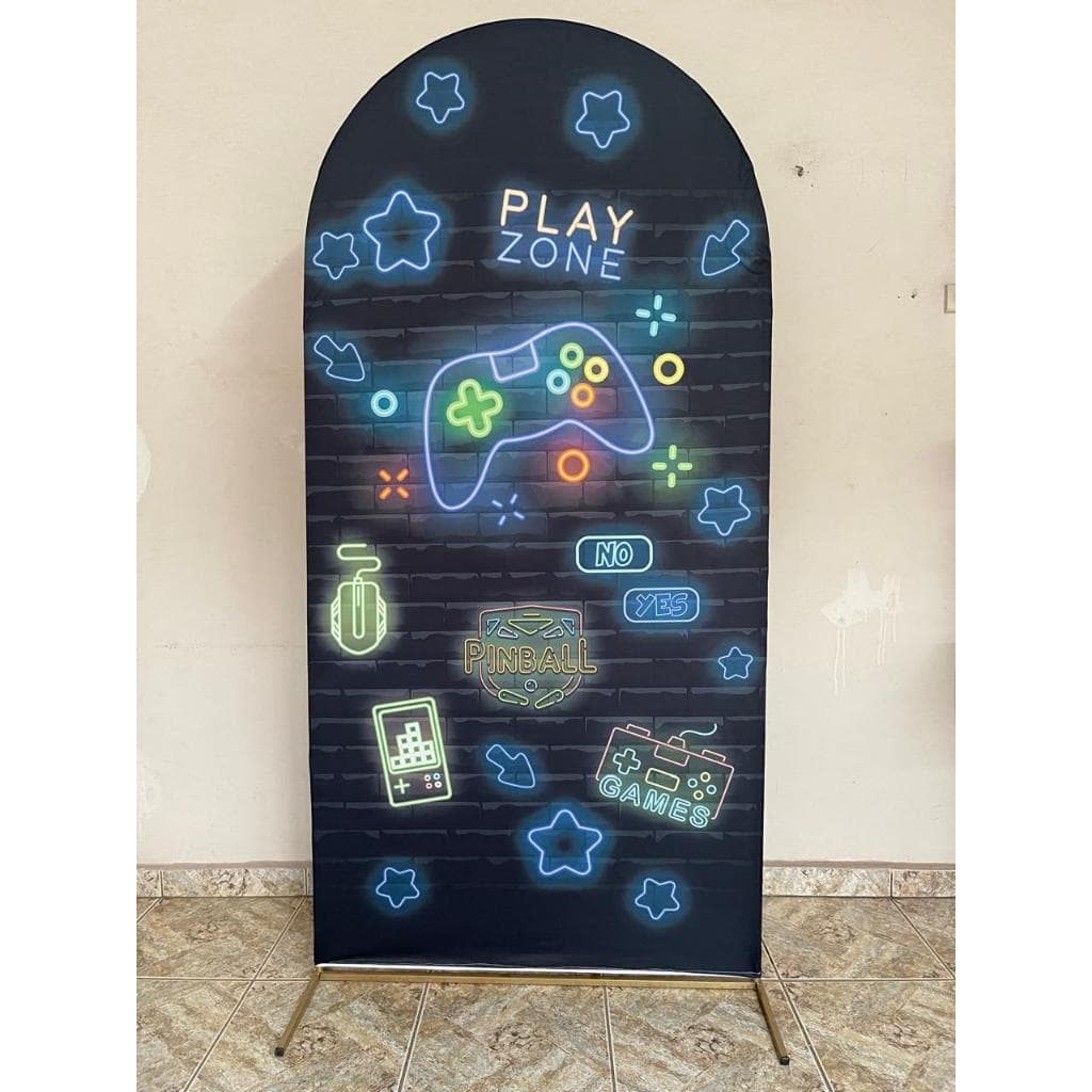 Capa para painel de festa Romano 1x2mts LxA malha sublimada Video Game zone efeito luzes neon jogos