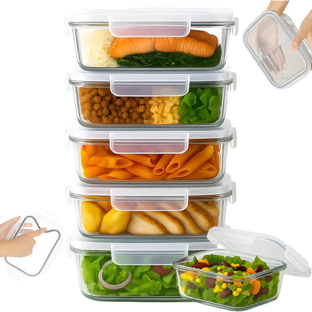Kit 10 ou 6 Potes de Vidro Hermético 1040ml Retangular 4 Travas Resistente Marmita Micro-ondas Freezer