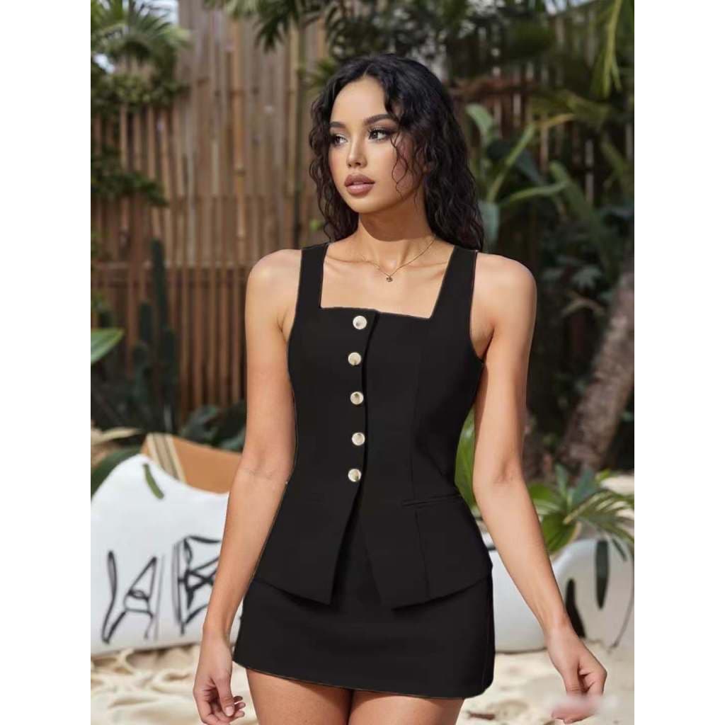Conjunto de fato feminino elegante: colete combinado com saia curta, conjunto de duas peças