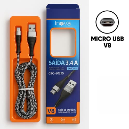 Cabo Carregador Inova V8 Reforçado Micro USB Carga Rápida 2m e 3m para Celulares Android