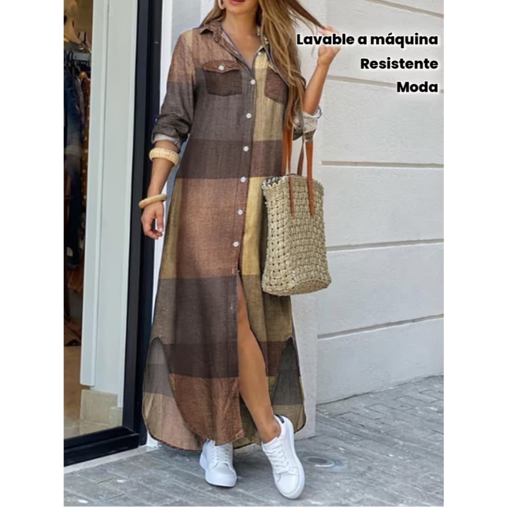 Camisa elegante feminina com gola e vestido maxi em A com bolso no peito - Blusa com botões em lavável na máquina, traje