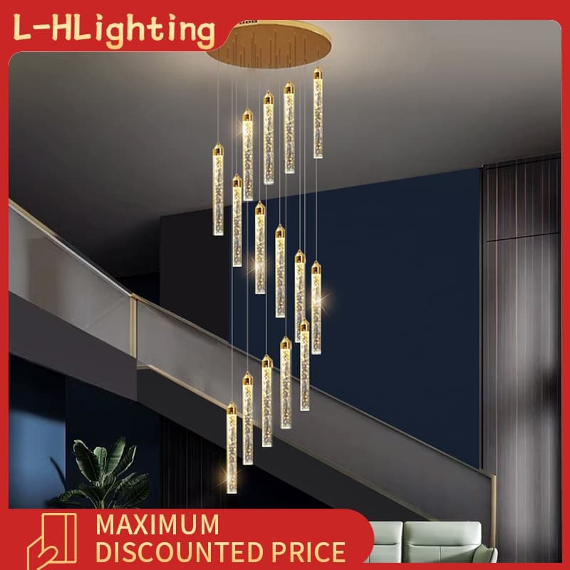 Lustre de LED longo de cristal para escada em sala de estar de arte moderna, iluminação luxuosa para casa