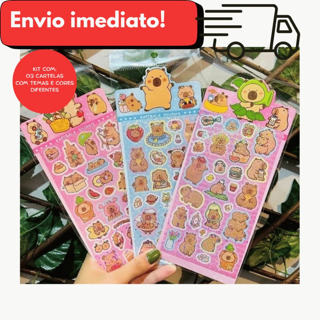 KIT 03 CARTELAS DE ADESIVOS CAPIVARA COM GLITTER – FOFO E DIVERTIDO.
