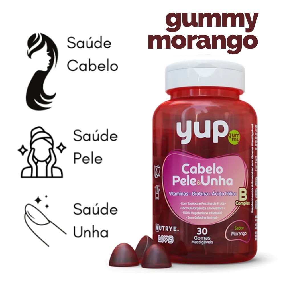 Yup Gummy Adulto – Cabelo, Pele e Unhas – Vitaminas + Biotina + Ácido Fólico – 30 Gominas – Sabor Morango