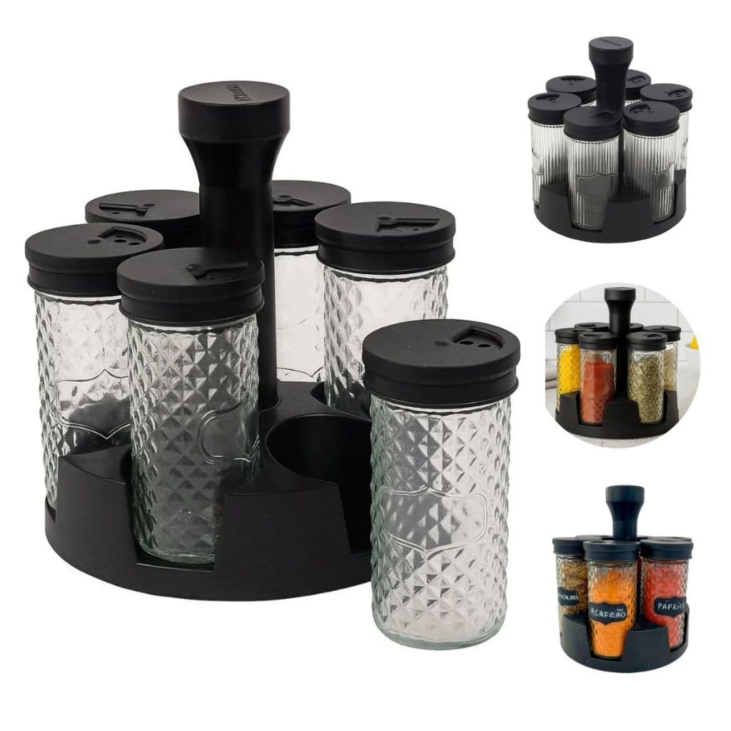 Kit 6 Porta Condimentos Temperos Especiarias de Vidro + Suporte Giratório 360°