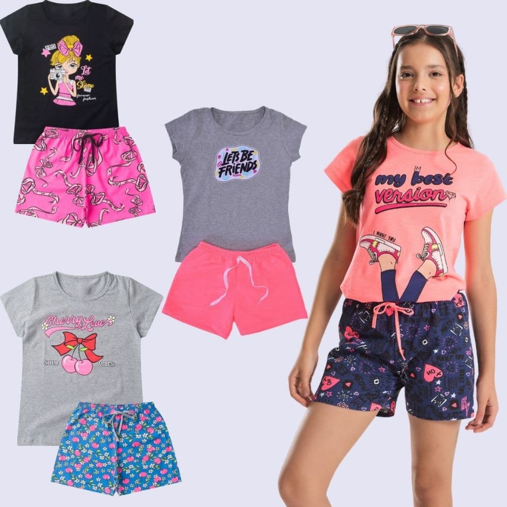 Kit 6 Peças Conjunto Infantil Menina Juvenil Shorts e Blusa Feminino Algodão Tamanho 10 ao 16 anos