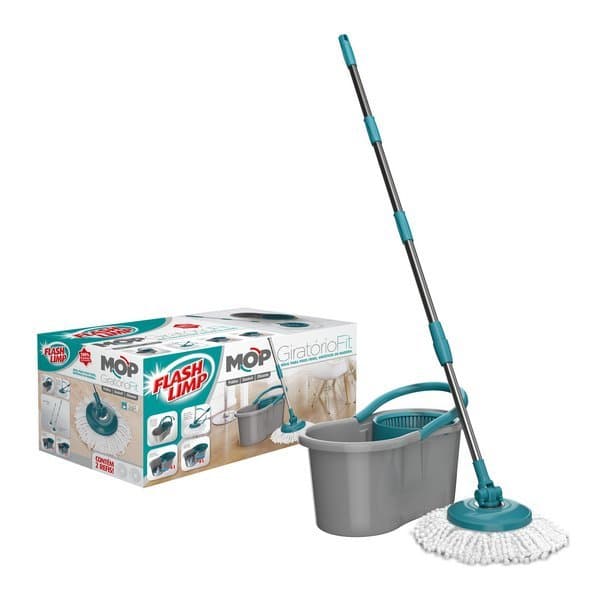 Mop Fit Giratório Flash Limp Balde 8 litros Refil Microfibra Cabo Inox