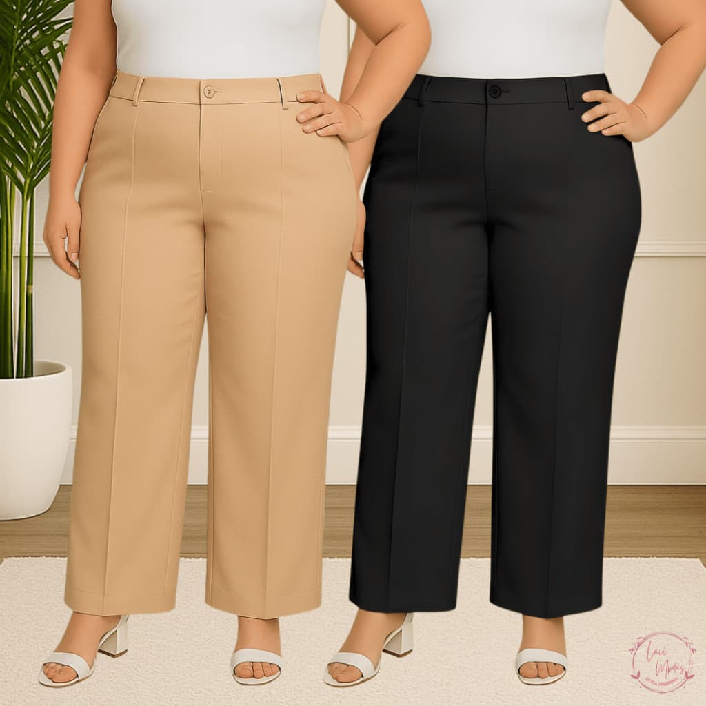 Calça Pantalona Feminina Alfaiataria Plus Size Cintura Alta Zíper