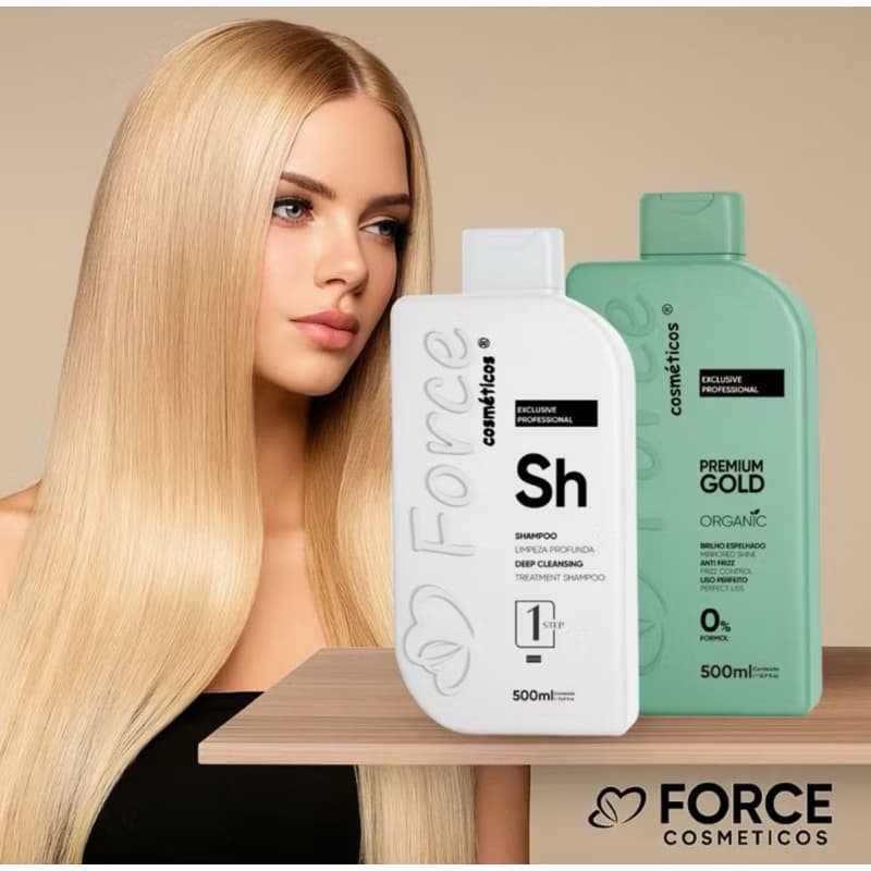 black friday Kit Escova Progressiva Orgânica Force Cosméticos Gold Premium 2 passos 500ml Cada