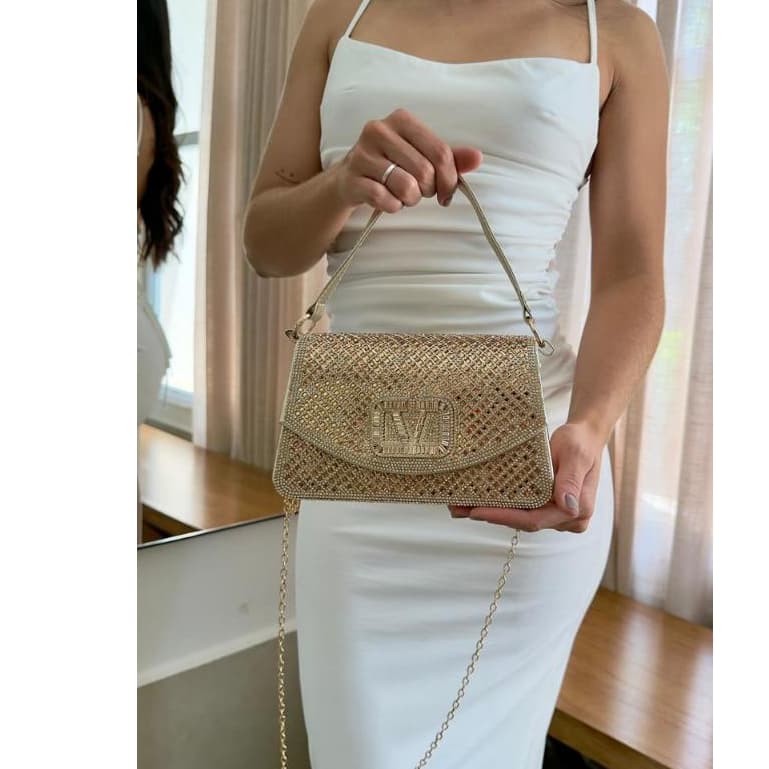 Bolsa feminina estilo elegante com alcas de mao e alcas transversais de ombro, bolsa de festa strass