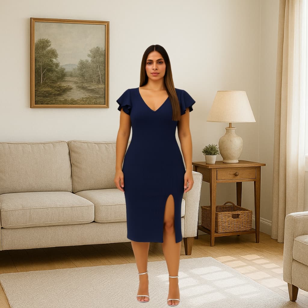 Vestido Midi com Fenda Justo com Manga Gode Curta Festa Elegante